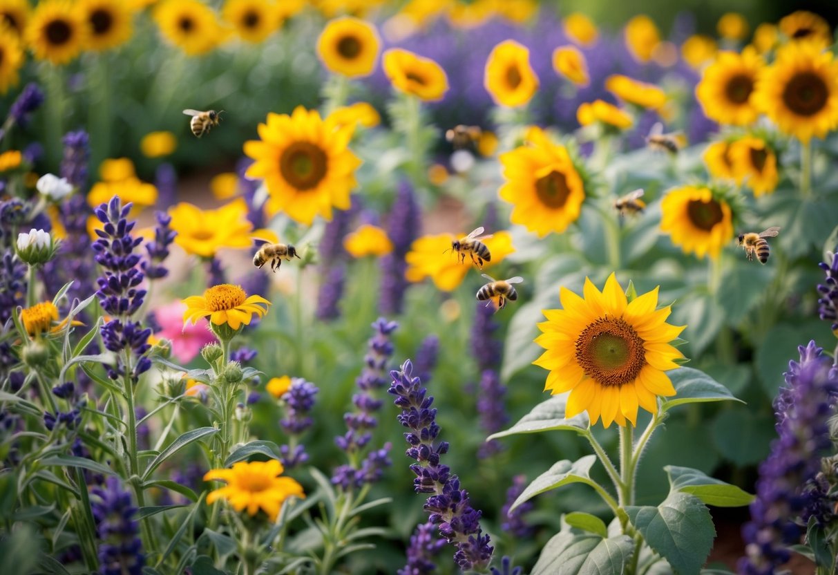 A garden filled with vibrant flowers like lavender, sunflowers, and wildflowers. Bees buzzing around, collecting nectar and pollinating the blooms