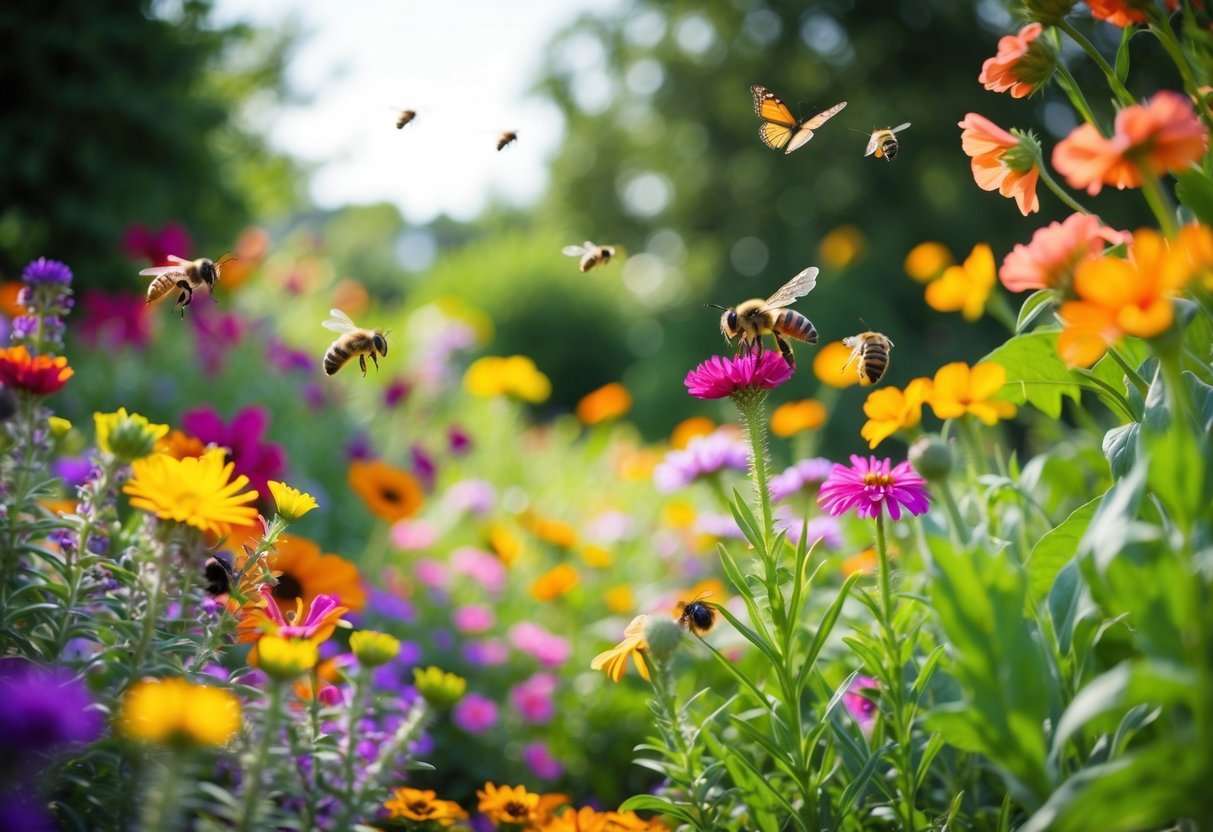 A variety of colorful flowers bloom around a garden, attracting bees and butterflies while adding beauty and diversity to the landscape