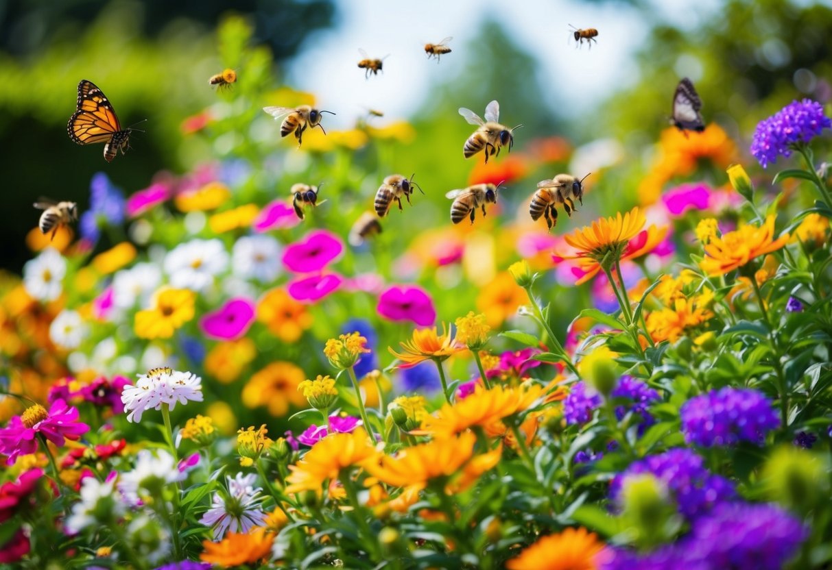 A vibrant garden bursting with colorful blooms, buzzing with bees and fluttering with butterflies, all drawn to the fragrant, nectar-rich flowers that bloom all summer long