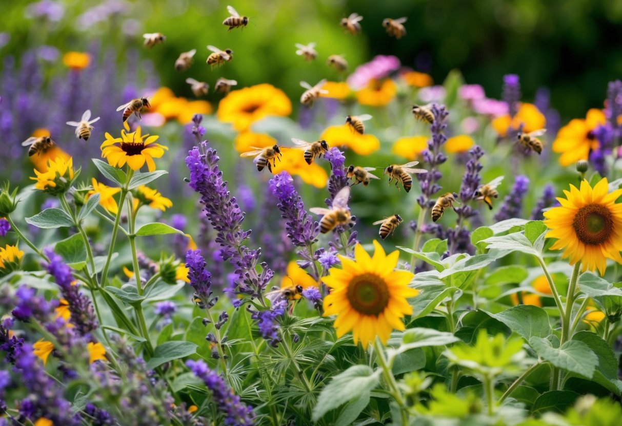 A lush garden filled with vibrant wildflowers, including lavender, sunflowers, and clover, buzzing with bees collecting nectar and pollen