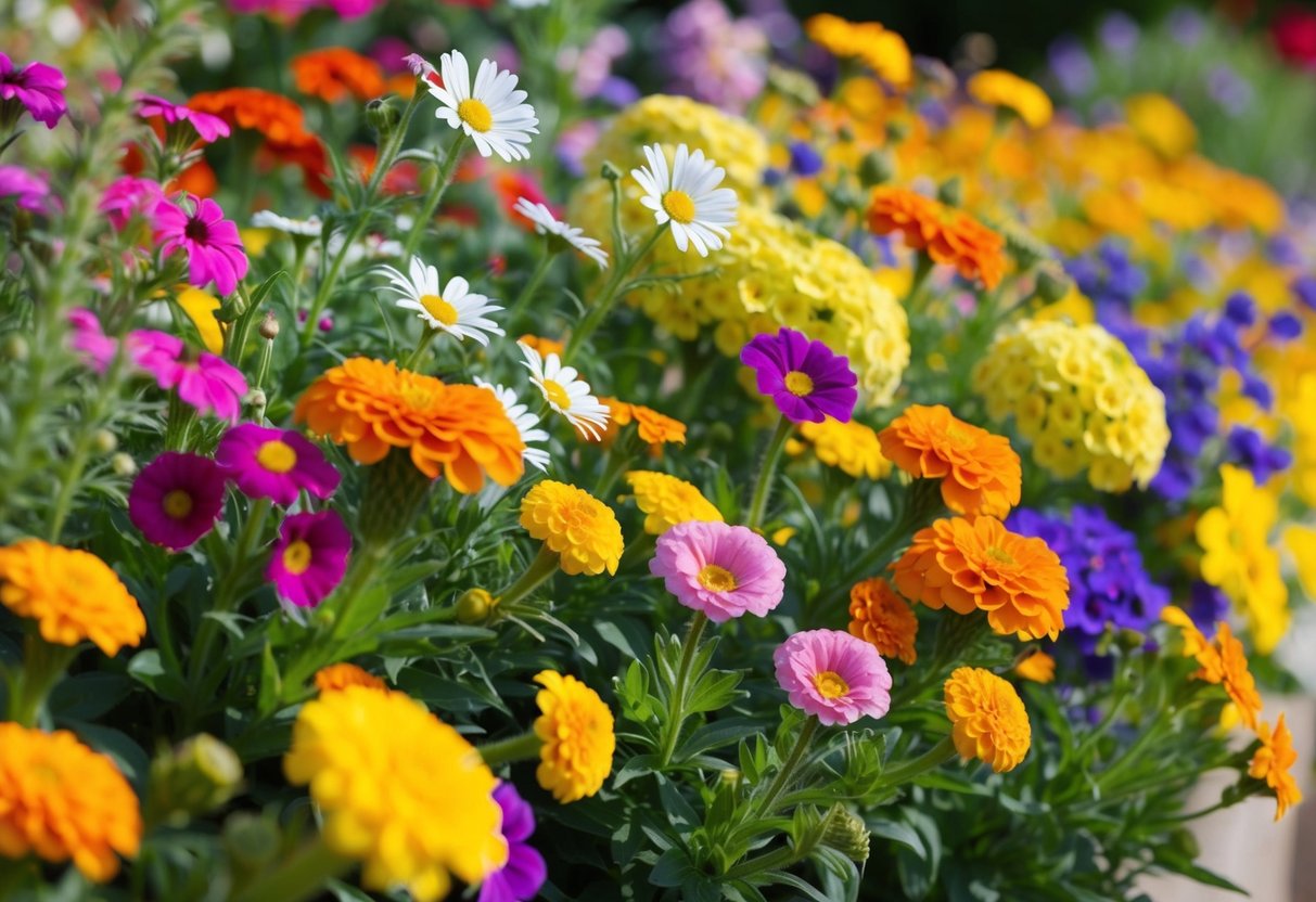 A colorful array of blooming flowers, including daisies, petunias, and marigolds, thriving in a sun-drenched garden