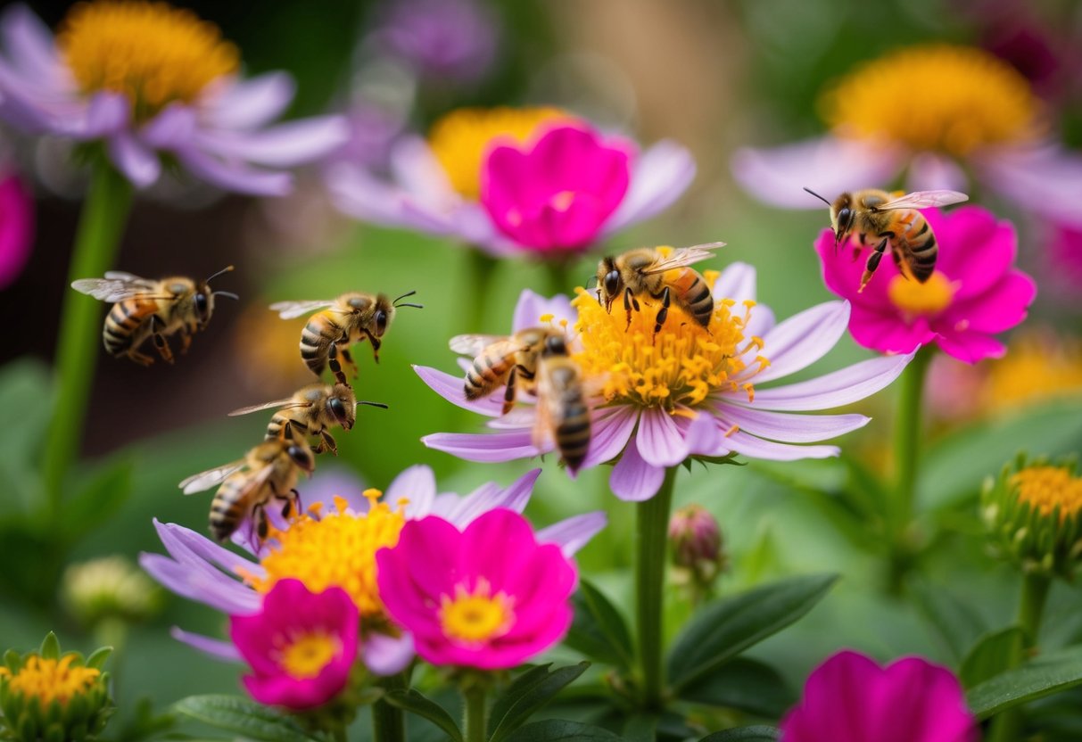 Bees buzzing around vibrant, blooming flowers in a lush garden