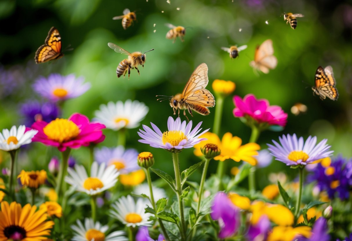 A garden with a variety of colorful flowers blooming, surrounded by buzzing bees and fluttering butterflies