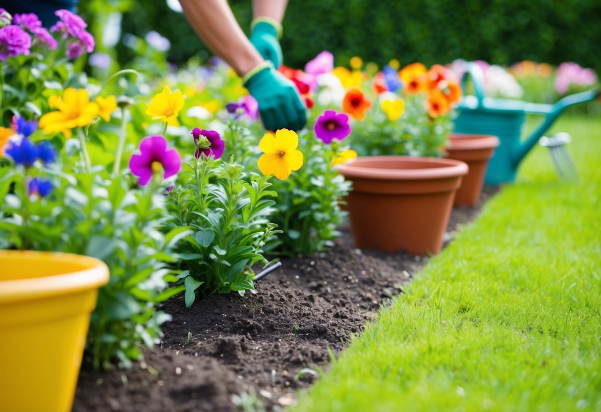 Colorful flowers being planted around a neatly manicured garden, with gardening tools and pots nearby for maintenance