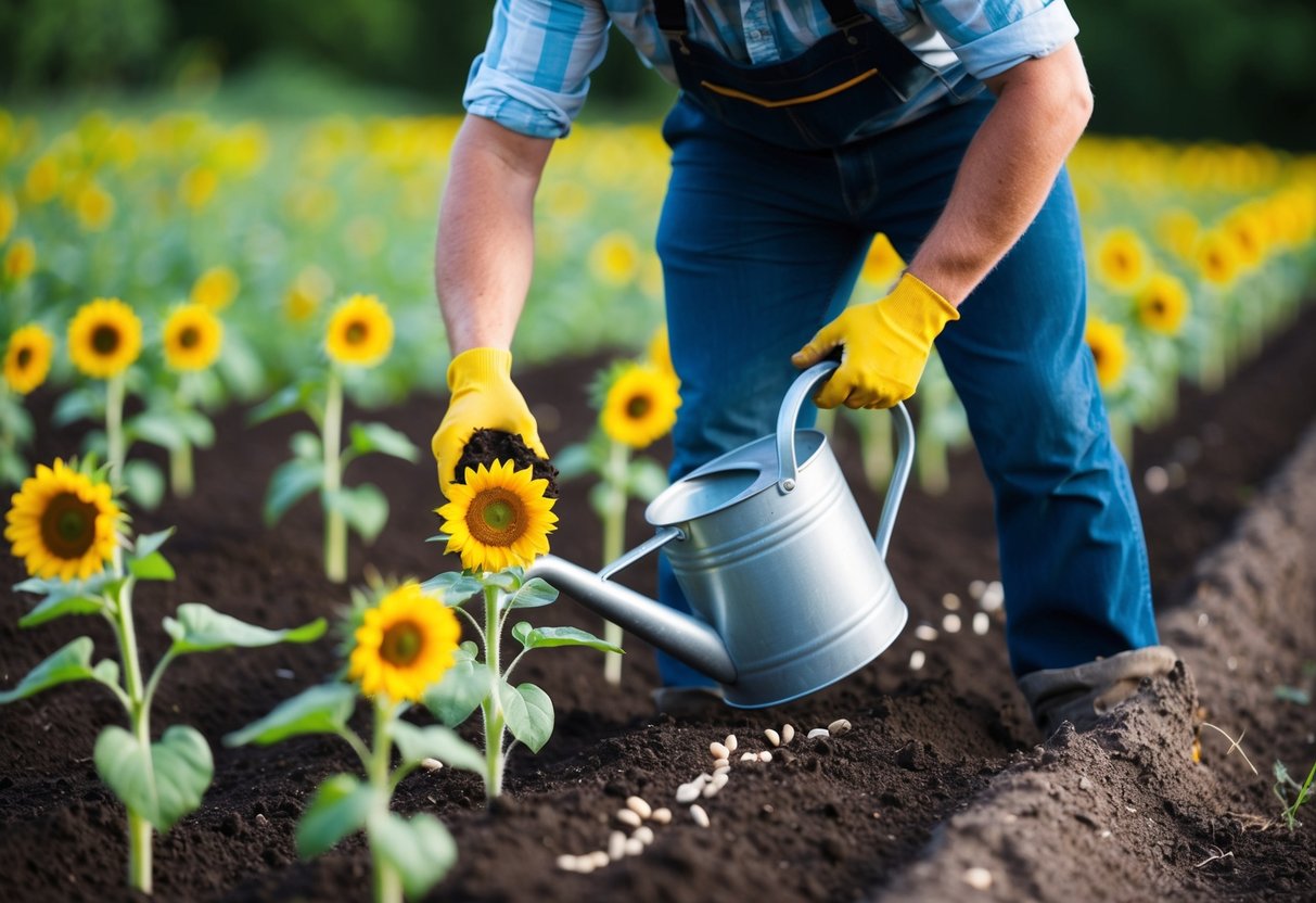 A gardener digs rows in the soil, carefully placing sunflower seeds at regular intervals. A watering can sits nearby, ready to nourish the newly planted seeds