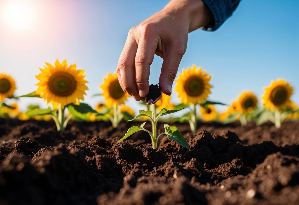 A hand reaching into soil, planting sunflower seeds under a bright sun