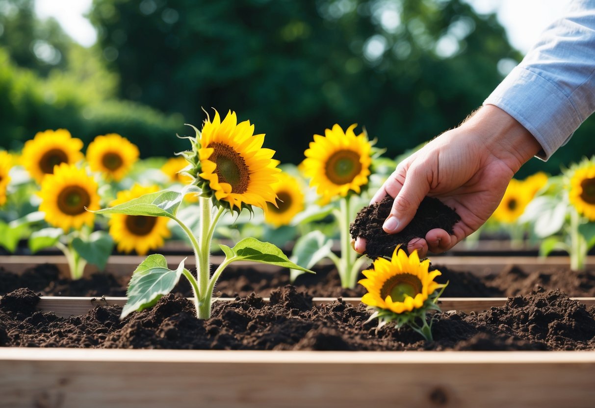 Sunflower seeds being planted in a garden bed, with a hand tending to the soil