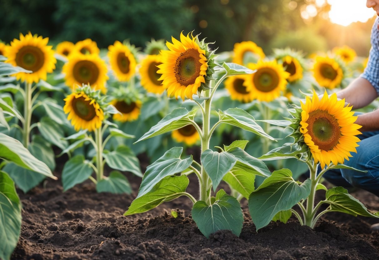 Sunflower seeds planted in rich soil, watered and nurtured under the warm sun. Mature sunflowers being harvested and enjoyed by a happy gardener