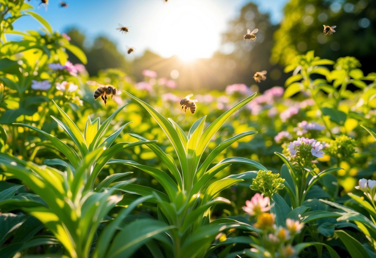 Lush green plants growing rapidly under the warm sun, surrounded by blooming flowers and buzzing bees, during the peak of spring and summer months