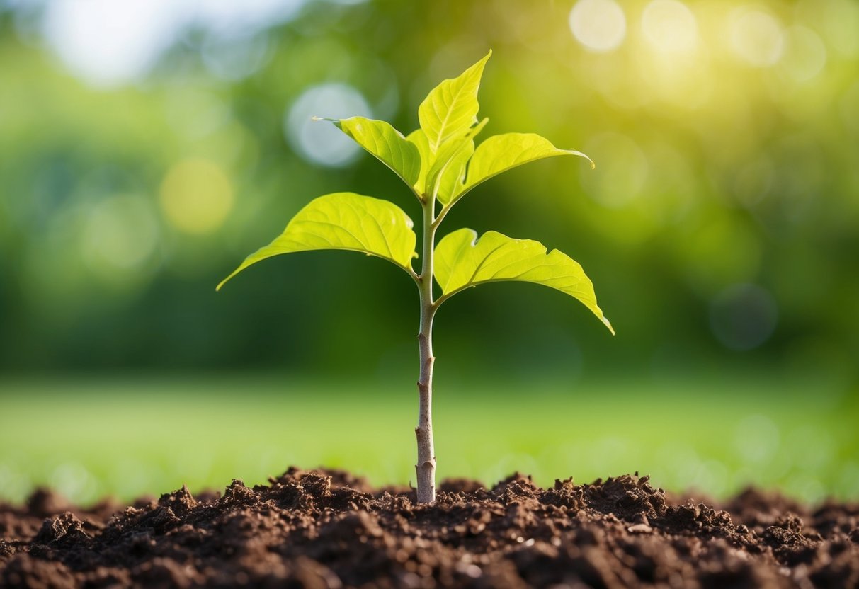 A young sapling shooting up from the rich soil, its slender trunk reaching skyward as its vibrant green leaves unfurl in the sunlight