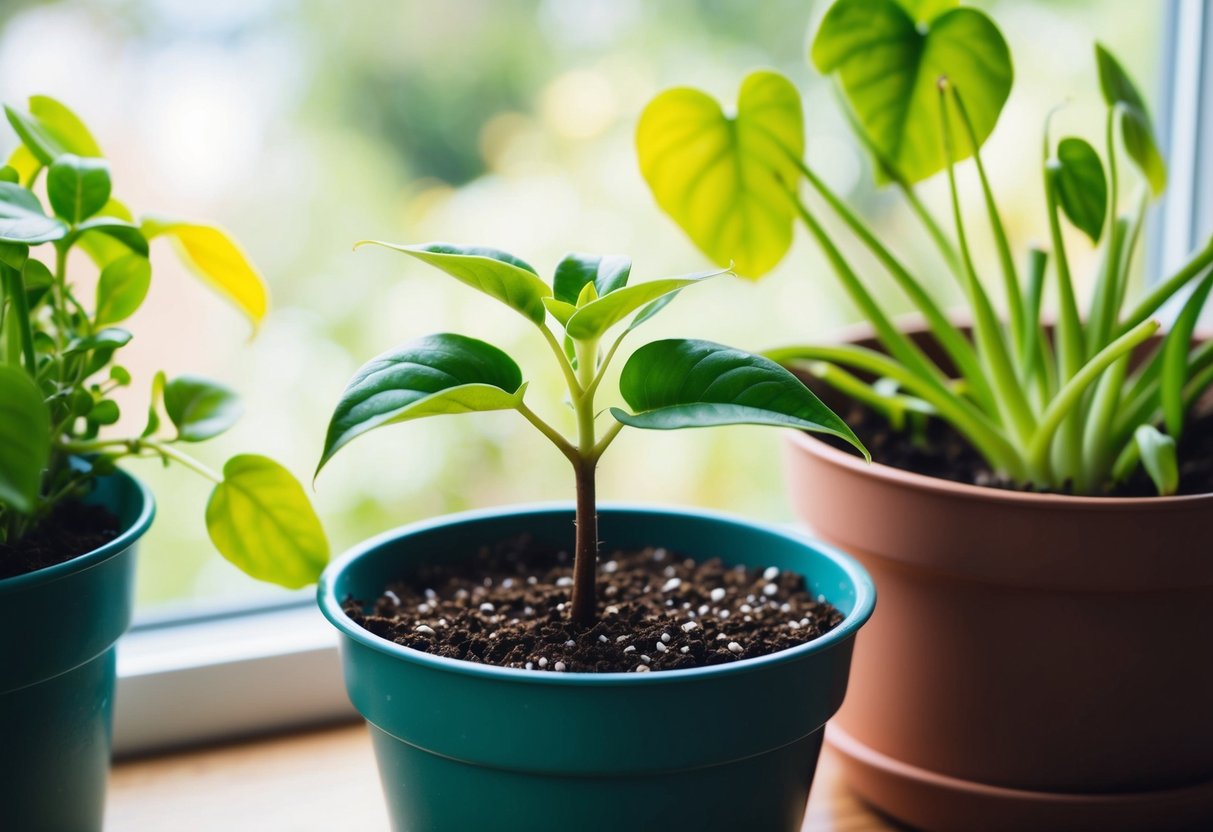 A small potted plant sits on a sunny windowsill, surrounded by other plants. The soil is moist, and the plant's leaves are vibrant and healthy, indicating rapid growth