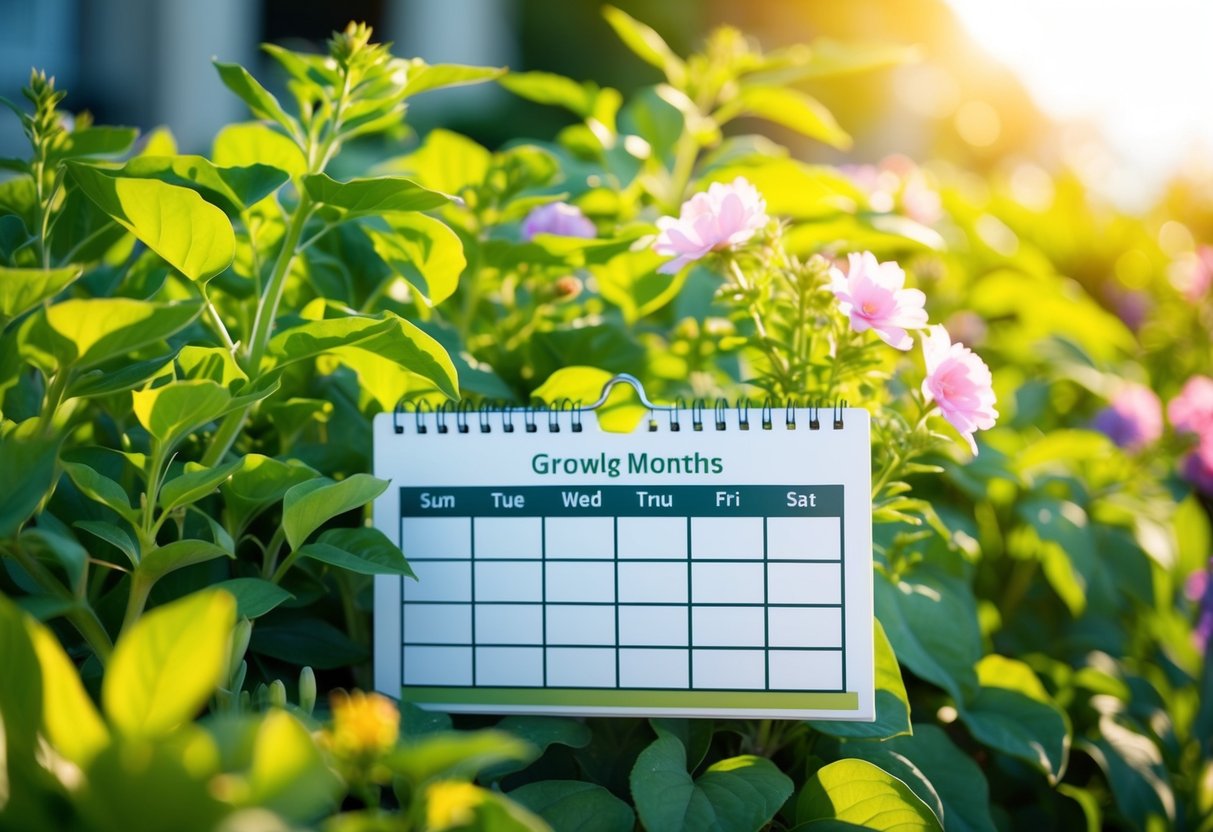 Plants thriving in warm sunlight, with lush green foliage and blooming flowers. The calendar showing the peak growing months