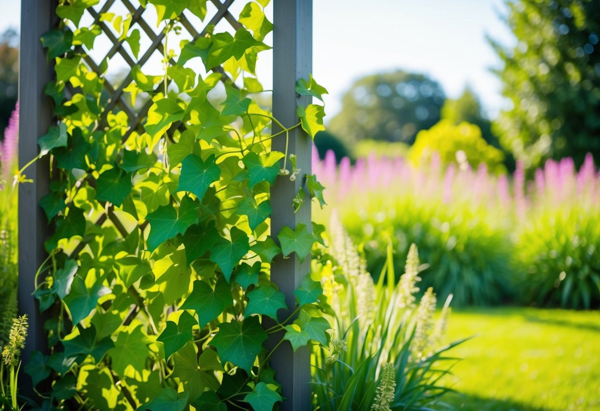 A lush green ivy plant climbing up a trellis, surrounded by vibrant flowers and tall grass in a sunlit garden