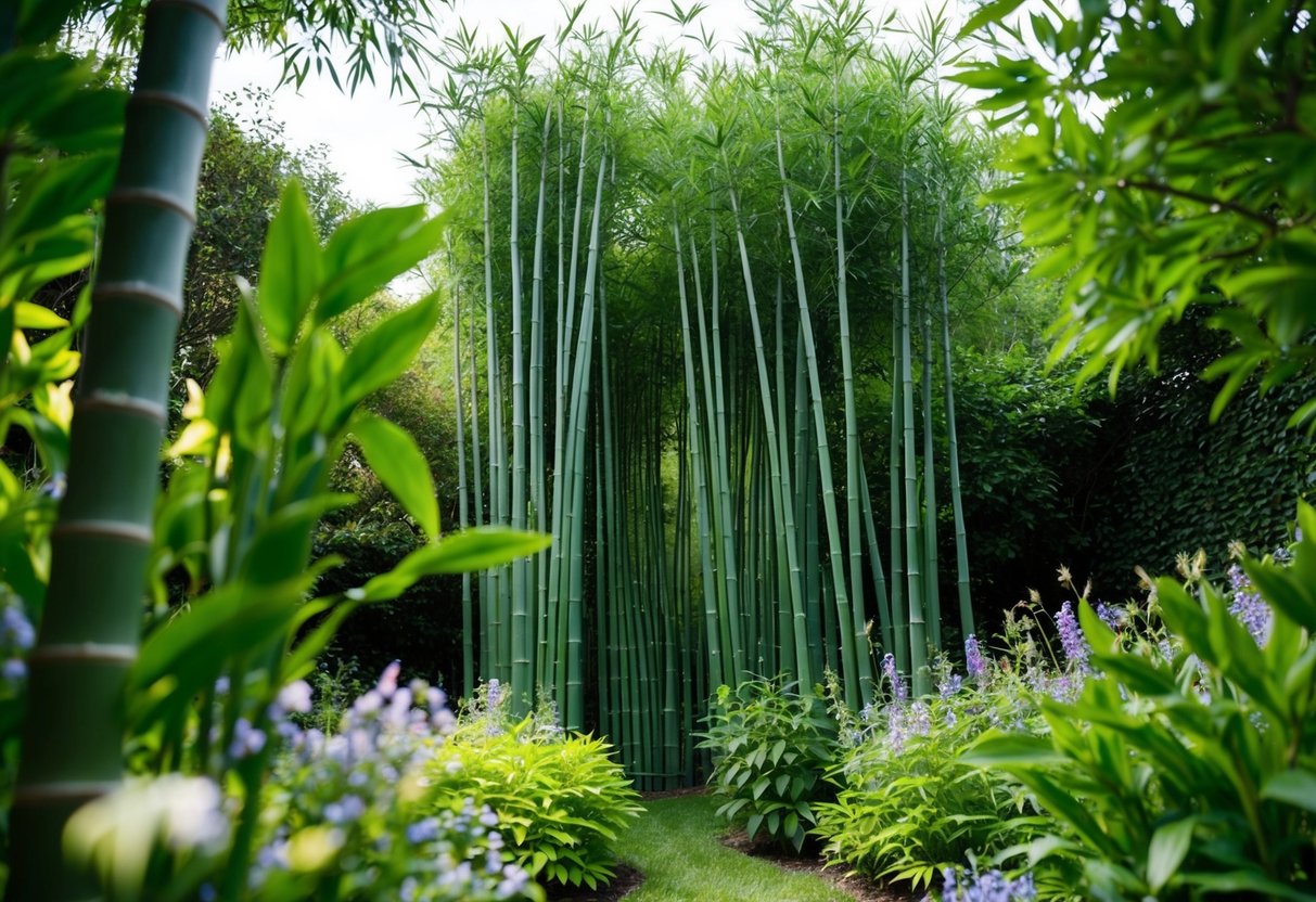 A lush garden with towering bamboo shoots reaching for the sky, surrounded by vibrant green foliage and delicate wildflowers