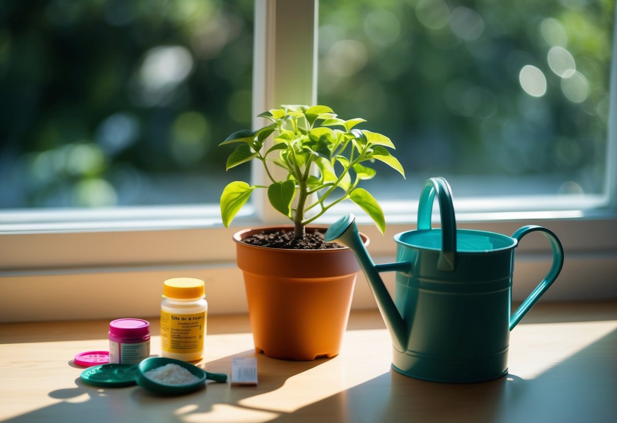 A small potted plant on a windowsill, bathed in sunlight, surrounded by a few scattered plant care items such as fertilizer and a watering can