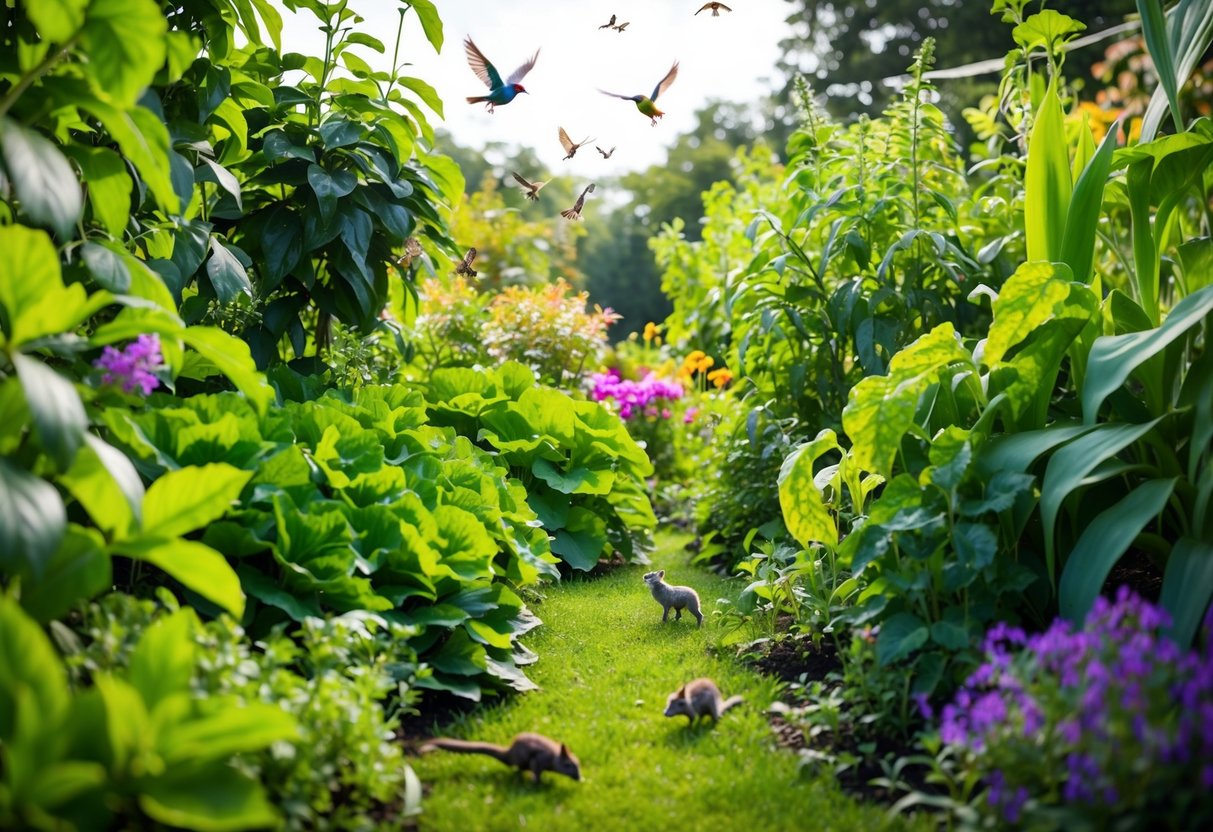 A lush garden bursting with vibrant, rapidly growing plants, surrounded by fluttering birds, buzzing insects, and scampering small mammals