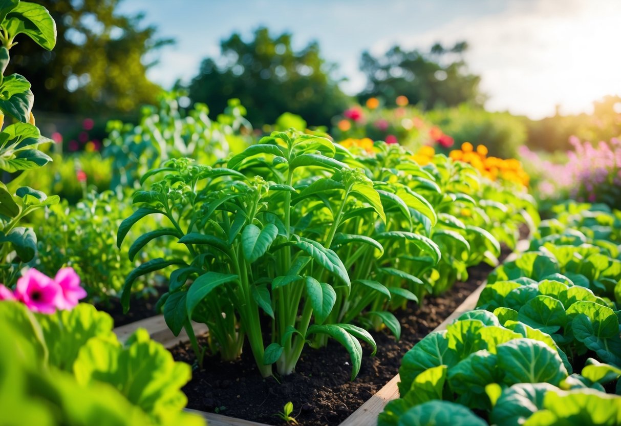 Lush green plants growing rapidly under the warm sun, surrounded by blooming flowers and flourishing vegetables in a garden