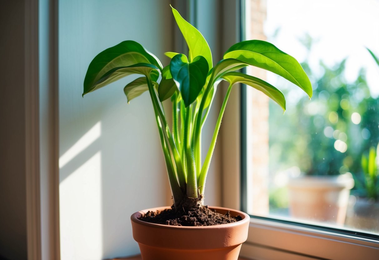 A lush green plant sprouts rapidly from a terracotta pot, reaching towards the sunlight streaming in through a nearby window