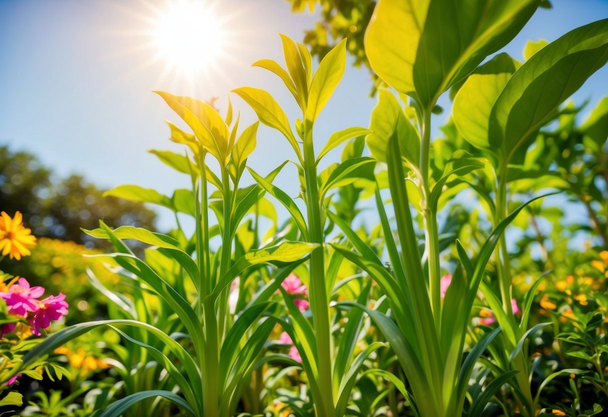 Lush green plants growing rapidly under the warm sun, surrounded by blooming flowers and vibrant foliage