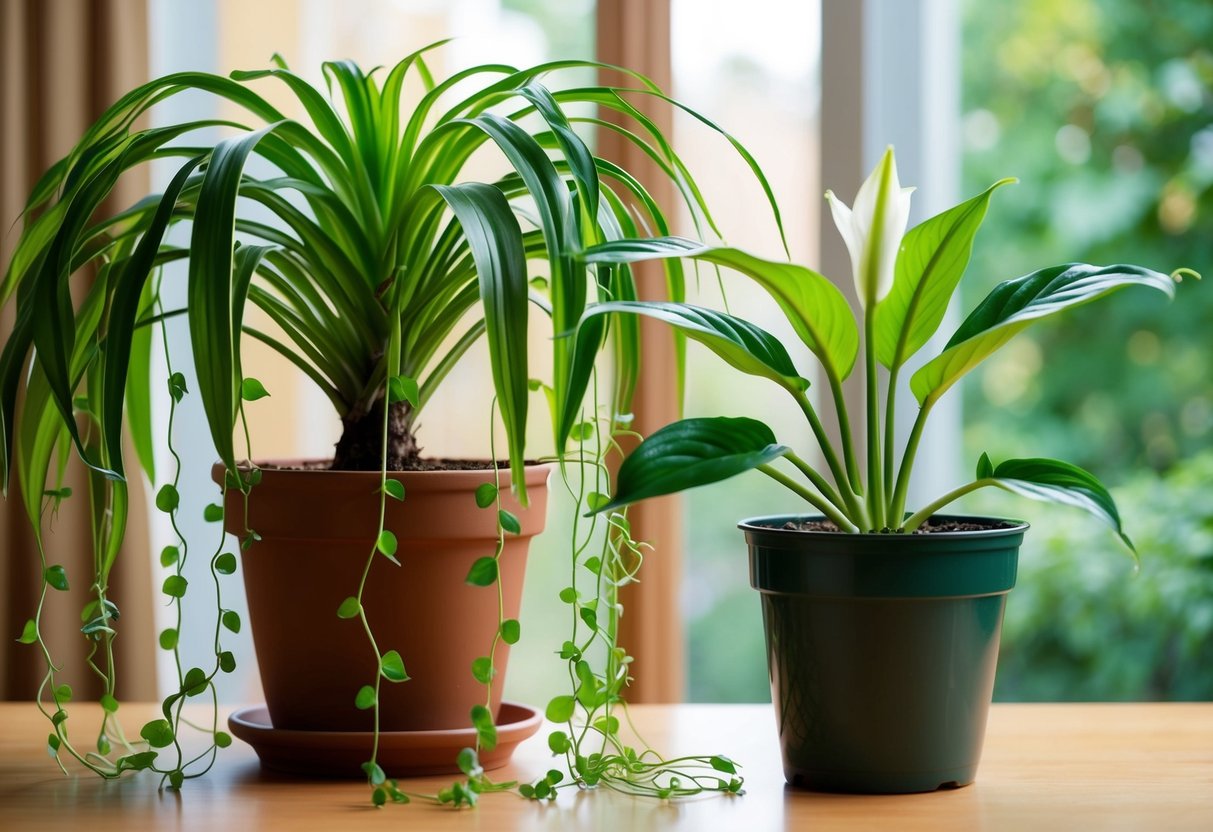 A spider plant shoots out runners, rapidly spreading across a pot, while a peace lily unfurls new leaves, both vying for the title of fastest-growing indoor plant