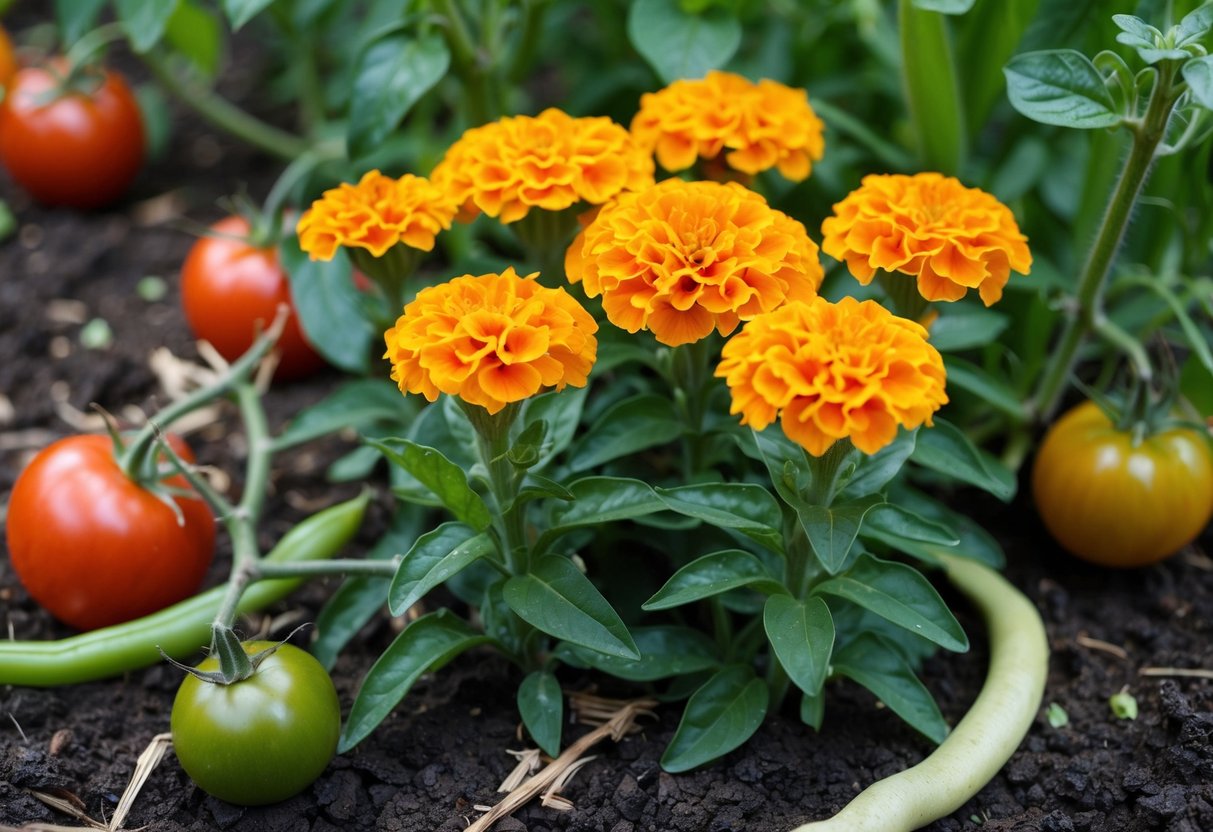 Marigolds surrounded by wilting and stunted plants like tomatoes and beans, illustrating unfavorable plant companions