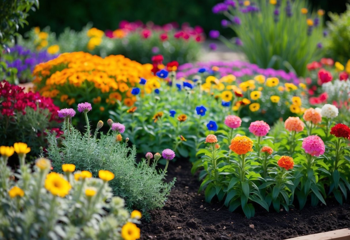 A colorful garden bed with a variety of blooming annual flowers, showcasing their vibrant colors and different stages of growth