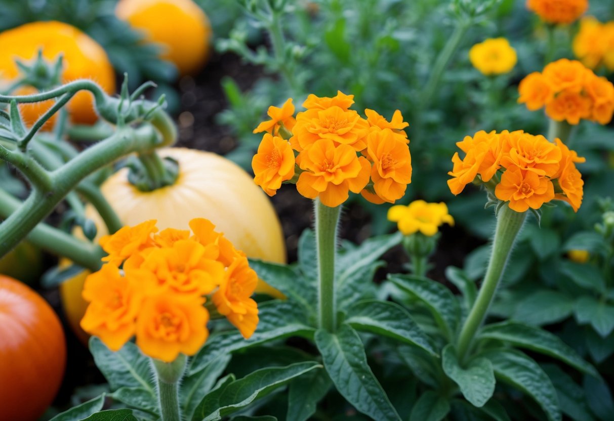 Marigolds thriving alongside tomatoes, beans, and squash, while repelling nematodes and rabbits