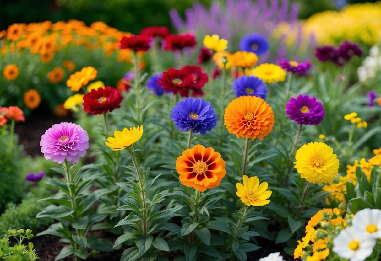 A vibrant garden bed with a variety of colorful long-blooming annual flowers in full bloom, showcasing their extended flowering period