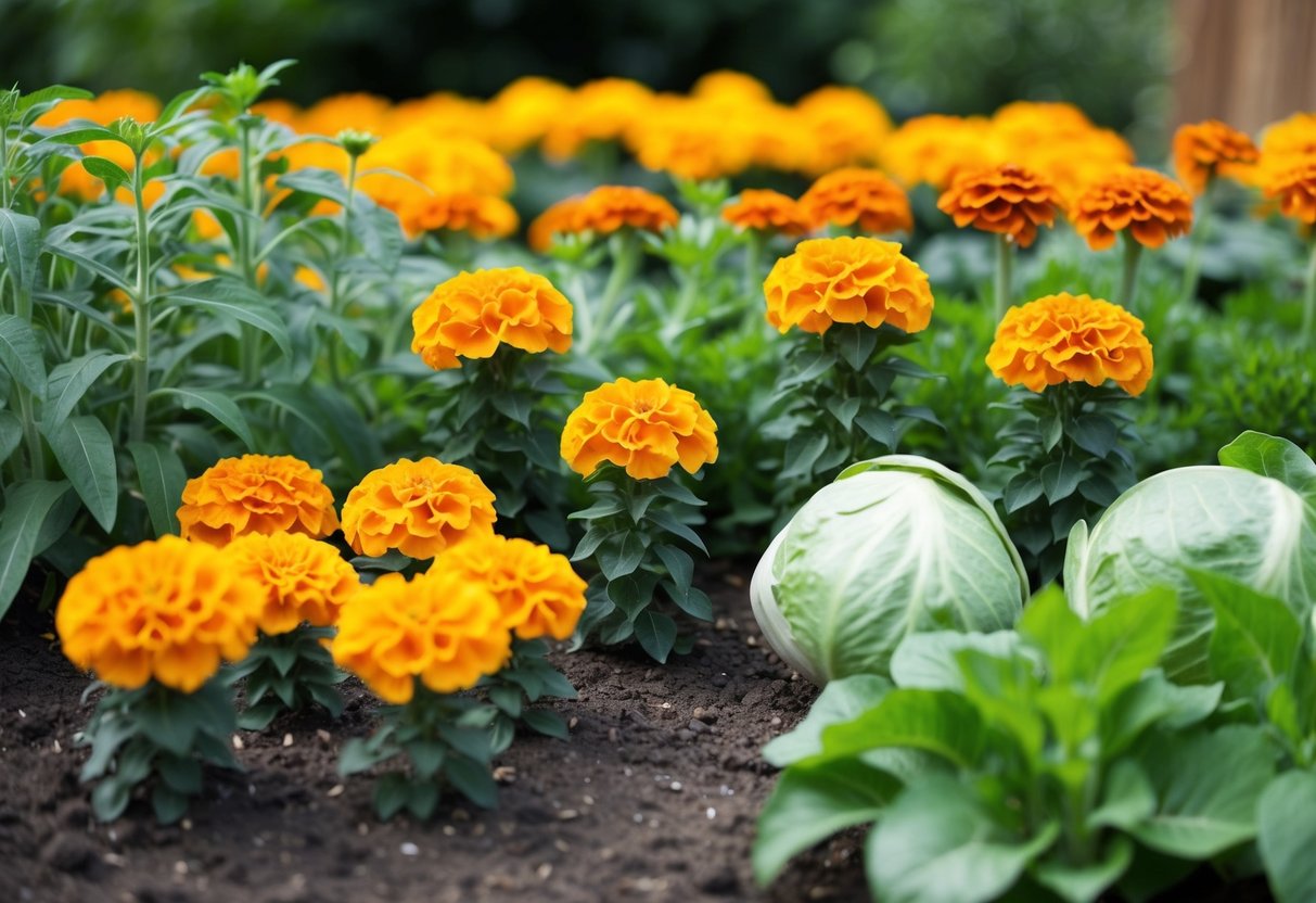 A garden layout with marigolds surrounded by plants they should not be planted with, such as beans and cabbage, to illustrate what not to plant together