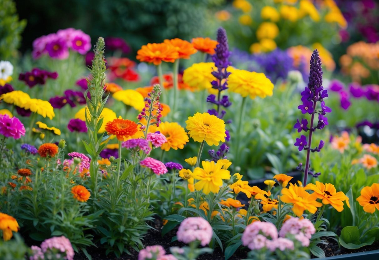 A colorful garden bed with blooming annual flowers of various heights and colors, showcasing their longevity and vibrancy