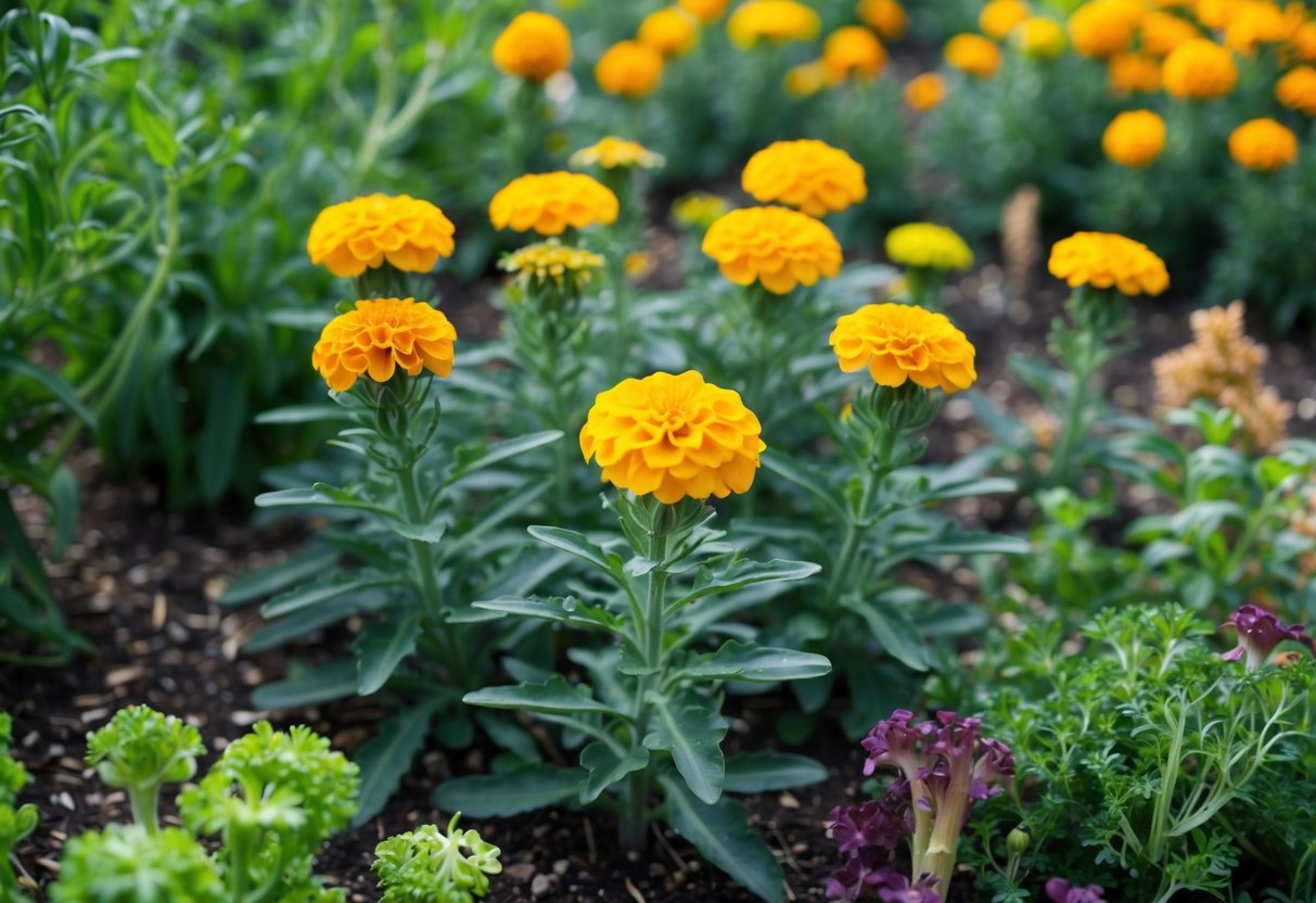 A garden with marigold plants surrounded by various other plants, some of which are wilting or showing signs of distress