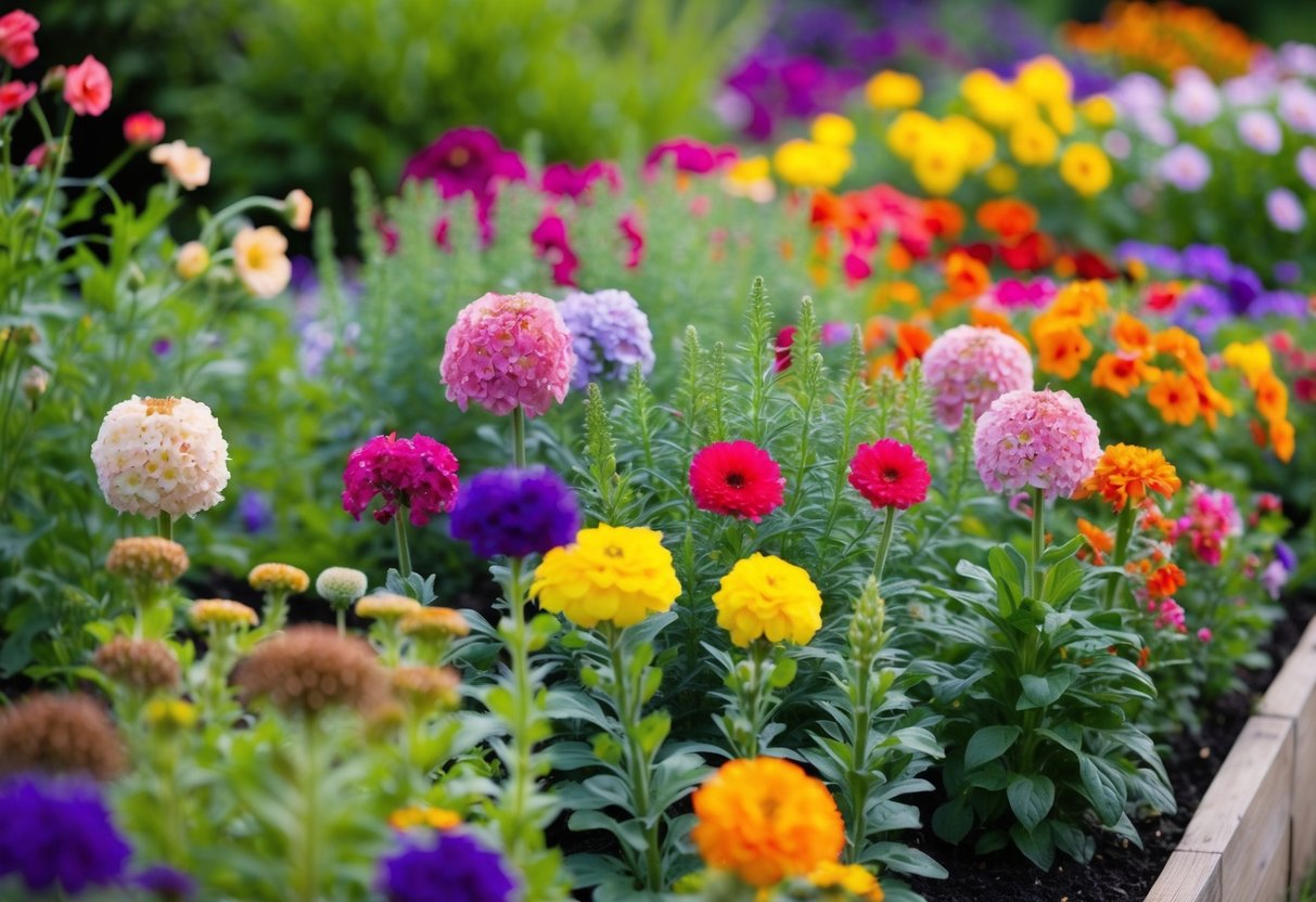 A colorful garden bed filled with blooming annual flowers in various stages of growth, showcasing the different varieties that flower the longest