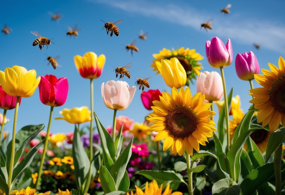 A colorful garden with blooming roses, tulips, daisies, and sunflowers. Bees buzzing around the vibrant petals under a clear blue sky