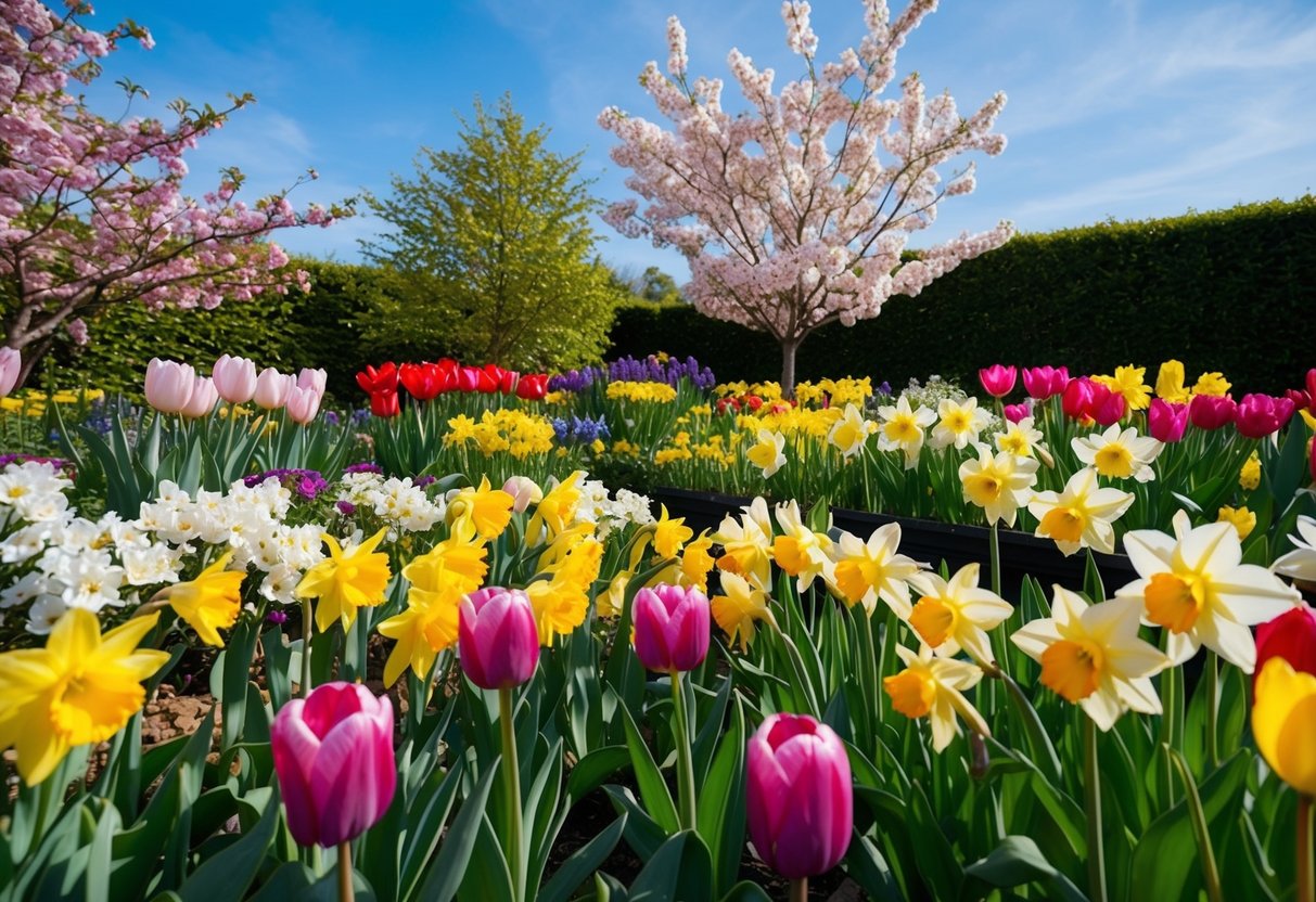 A garden bursting with colorful blooms, including tulips, daffodils, and cherry blossoms, set against a backdrop of lush greenery and a clear blue sky