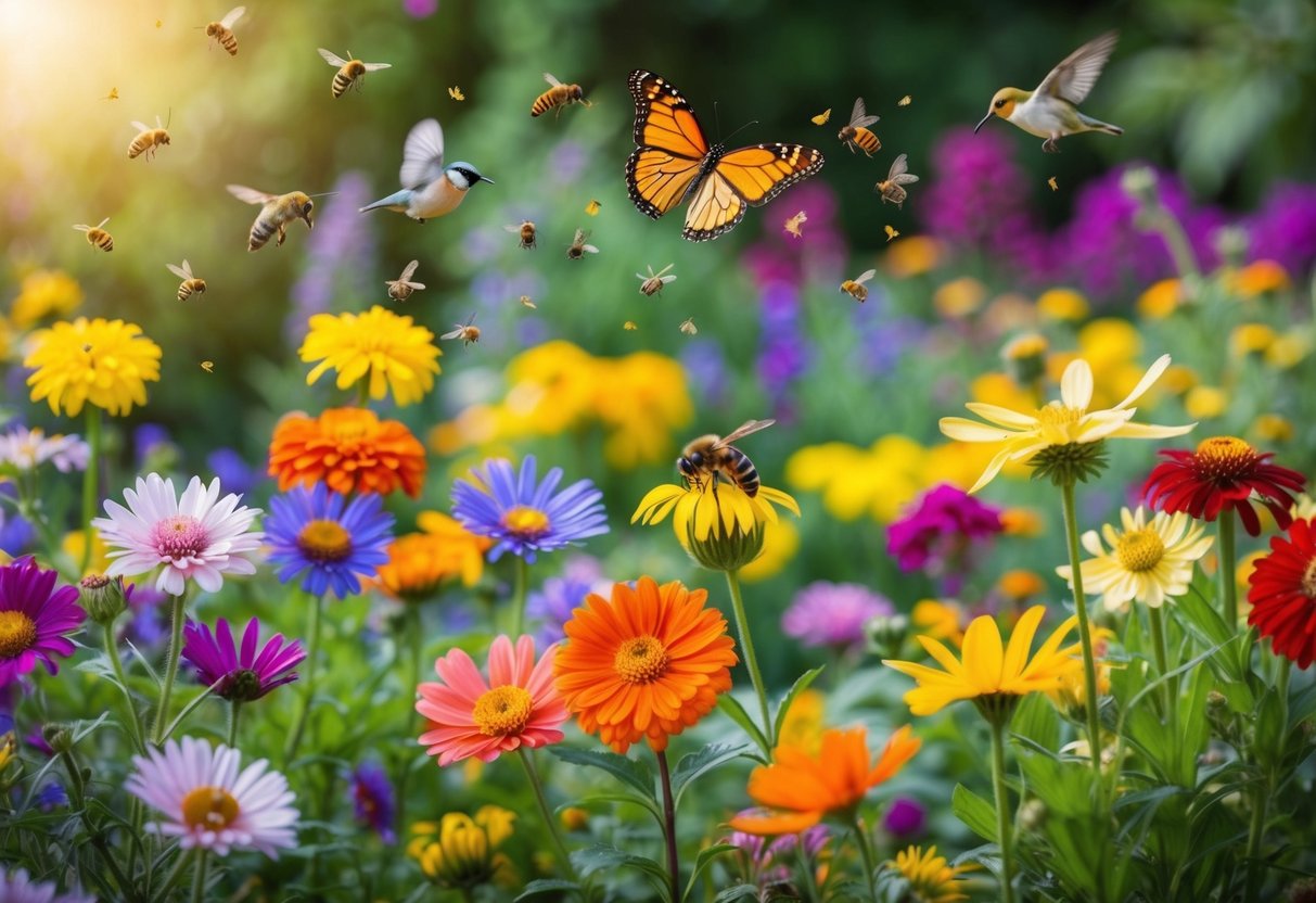 Various colorful flowers bloom in a vibrant garden, attracting butterflies, bees, and birds. The scene is alive with wildlife enjoying the nectar and pollen