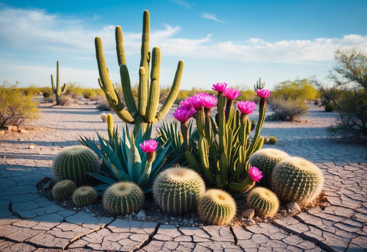 A desert landscape with vibrant, blooming cacti and succulents, surrounded by dry, cracked earth and a cloudless sky