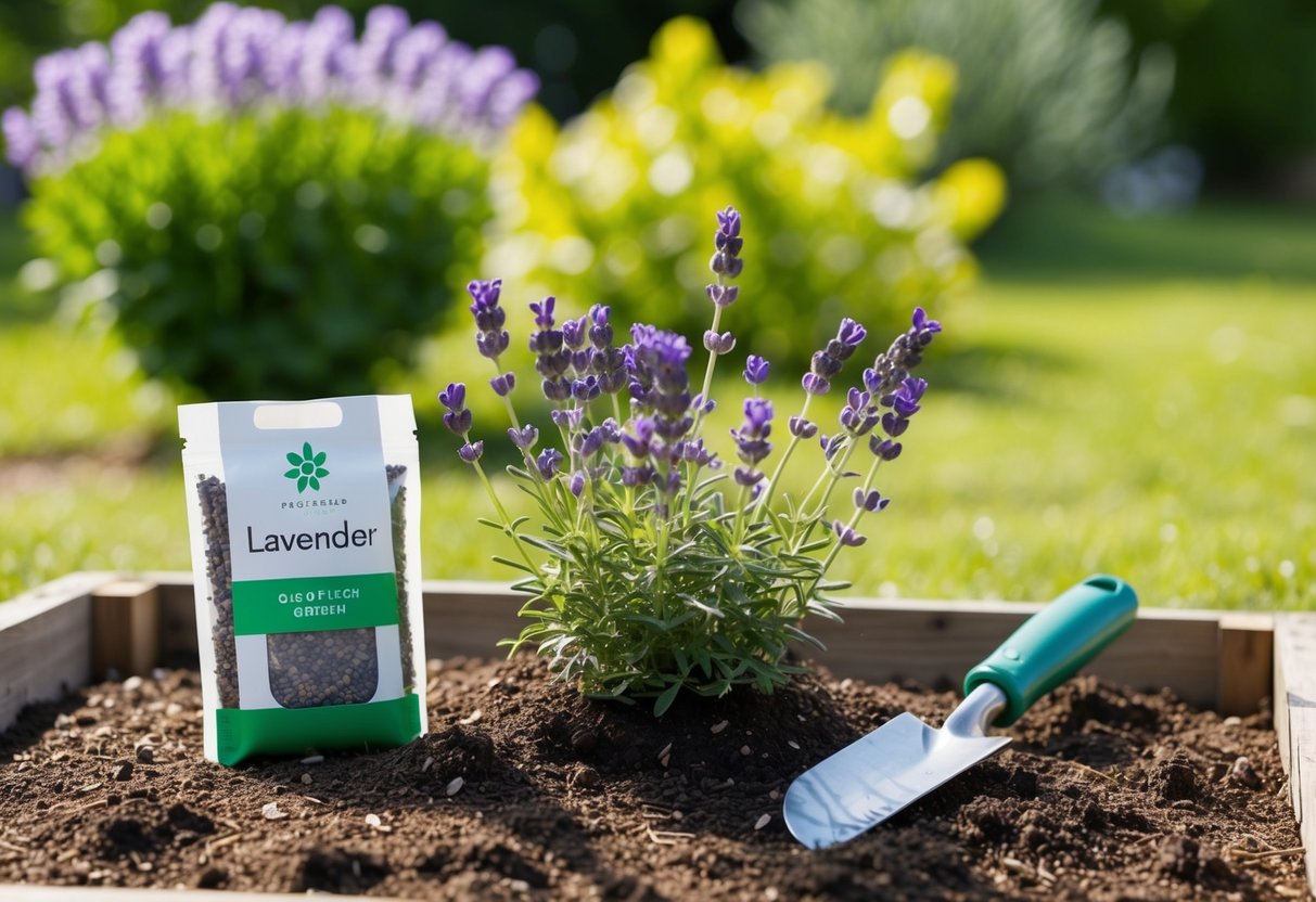 A sunny garden with a small plot of soil, a packet of lavender seeds, and a gardening trowel