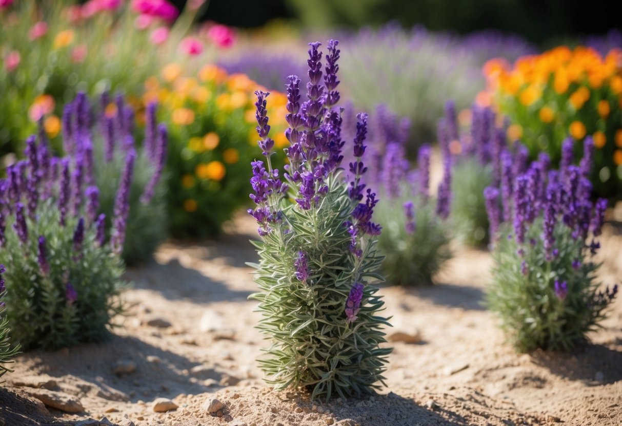 A garden filled with vibrant, drought-resistant flowers, with the focus on a stunning purple lavender plant standing tall amidst the dry, sandy soil