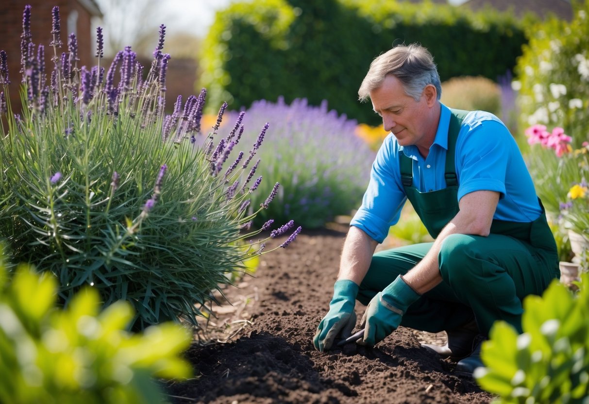 A gardener prepares soil and plants lavender in a UK garden during the spring