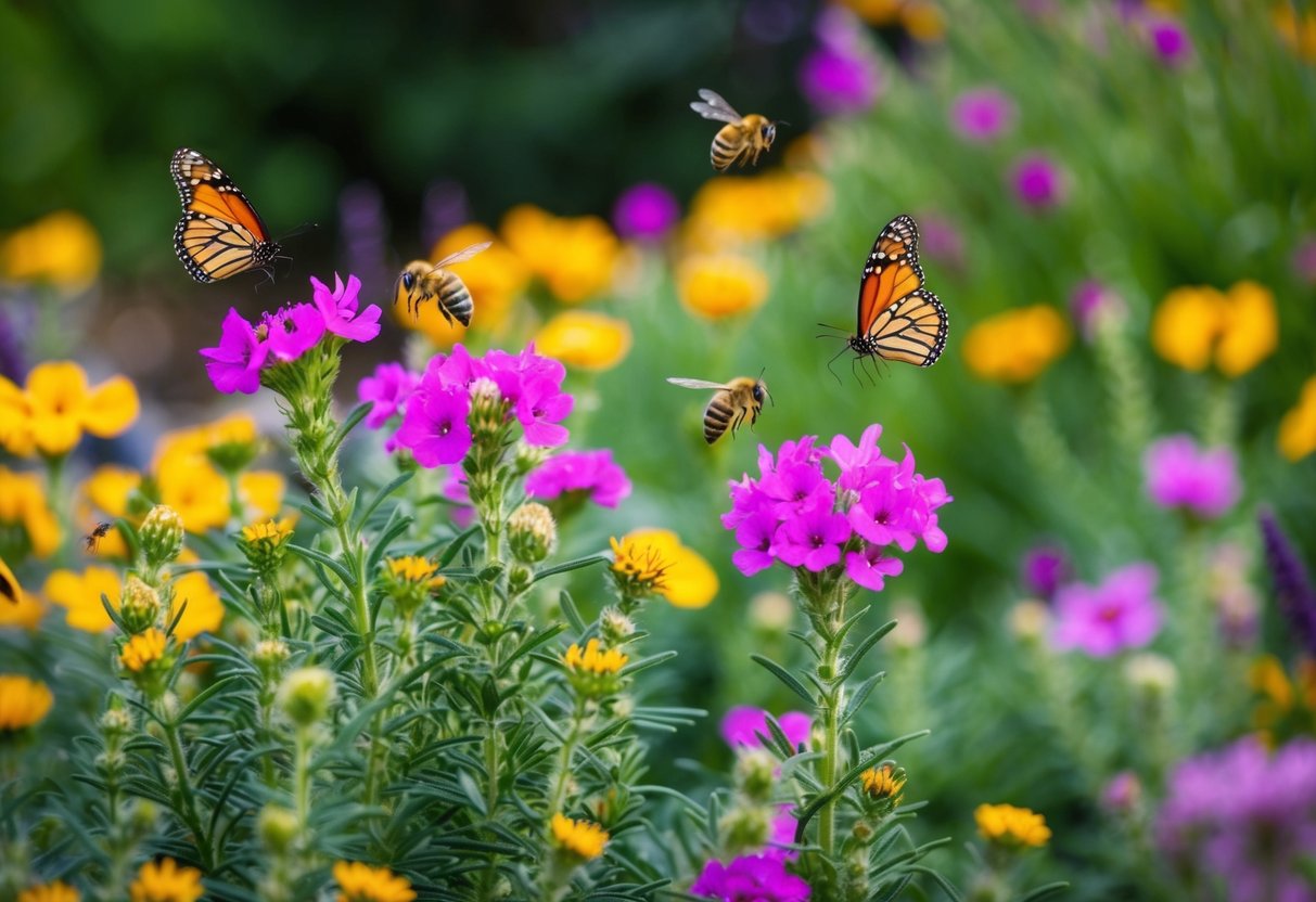 A vibrant garden of drought-tolerant flowers, buzzing with bees and fluttering with butterflies