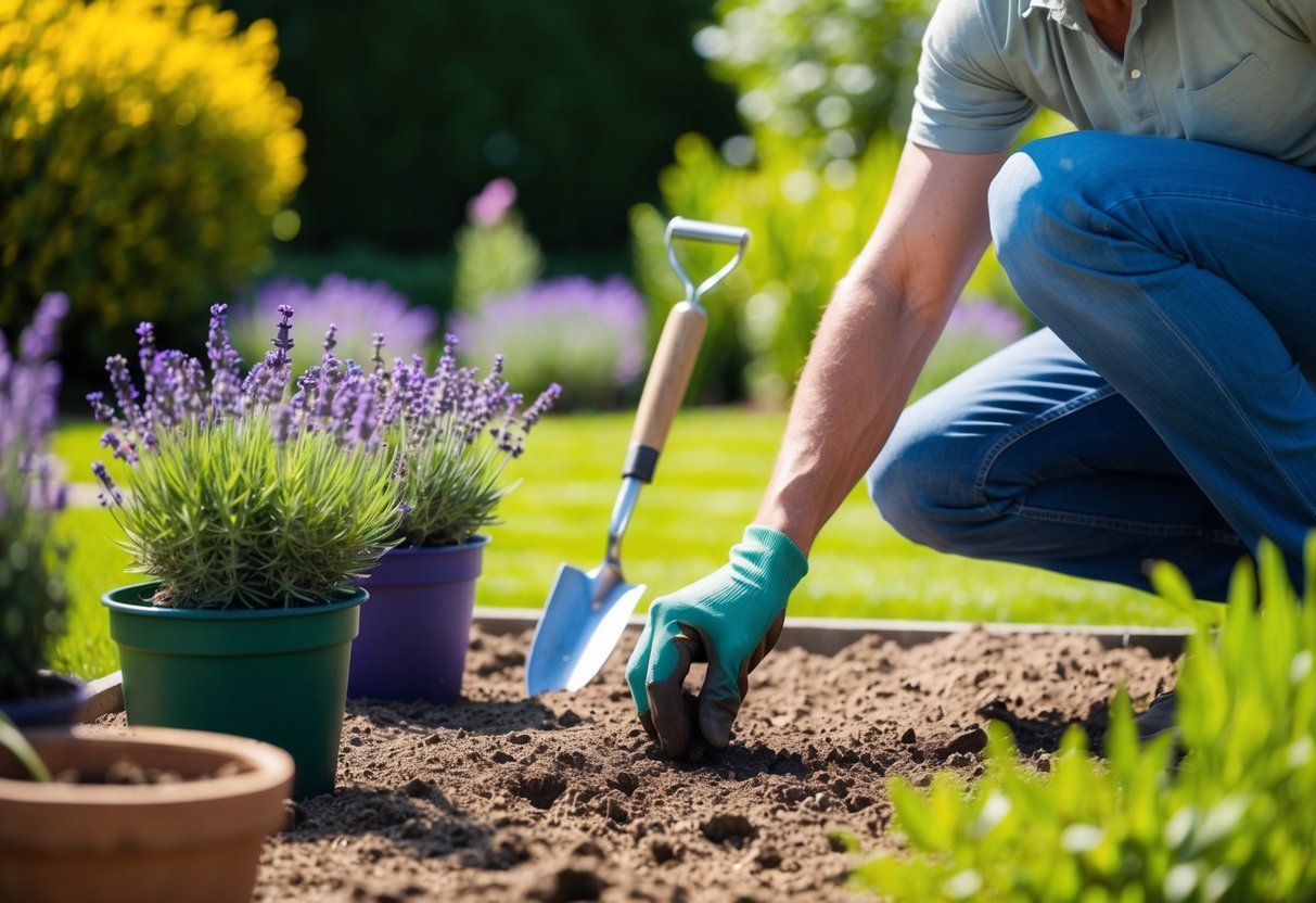 A sunny garden with a gardener planting lavender in the UK, surrounded by soil, a trowel, and potted lavender plants