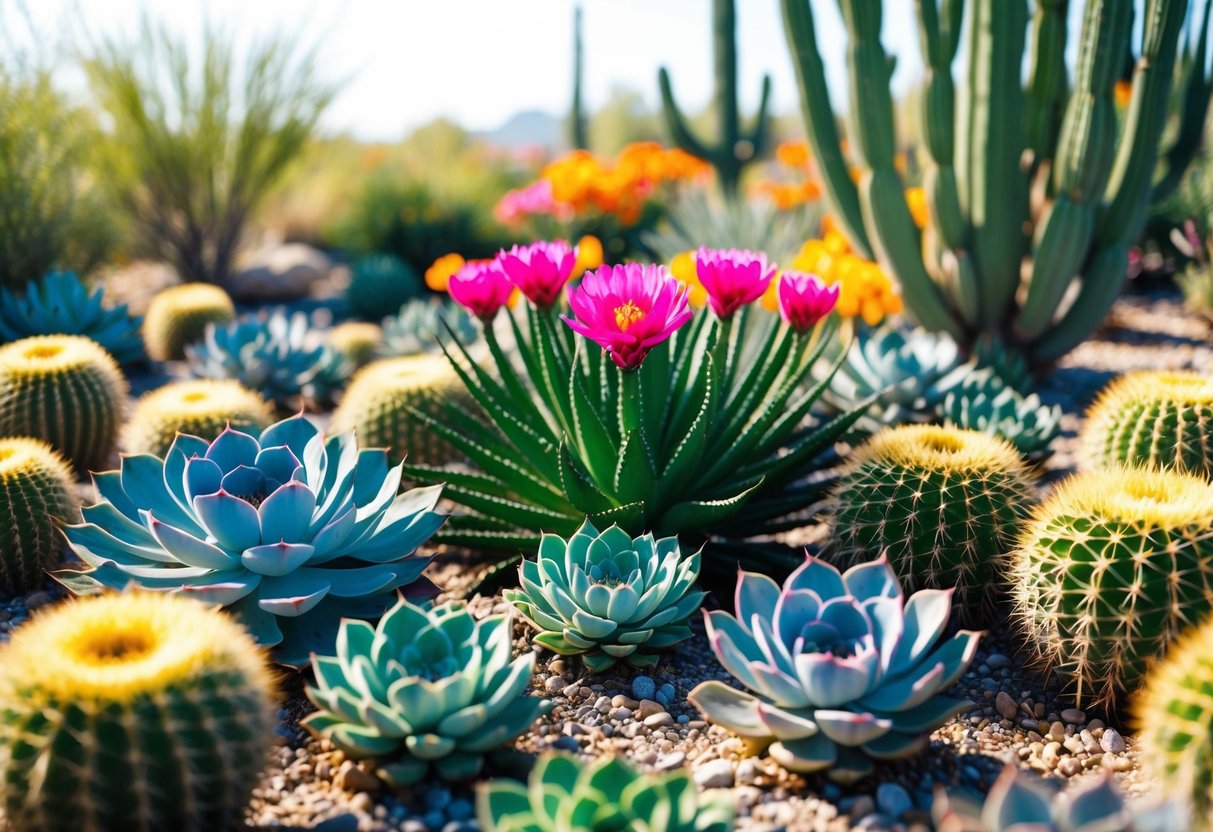 A vibrant desert garden with blooming succulents and cacti, showcasing a colorful array of drought-resistant flowers