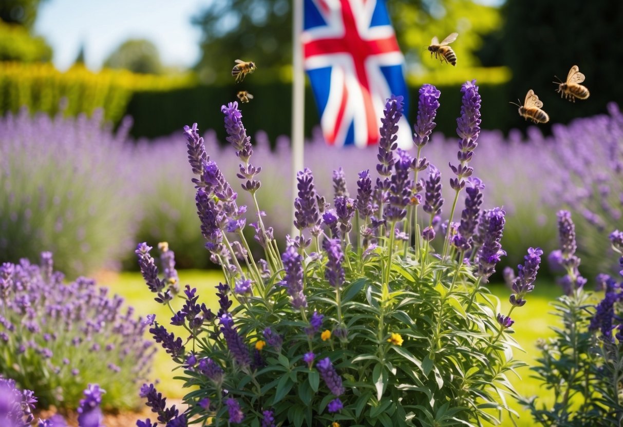 A sunny garden with a variety of lavender plants in full bloom, surrounded by bees and butterflies. The UK flag is visible in the background