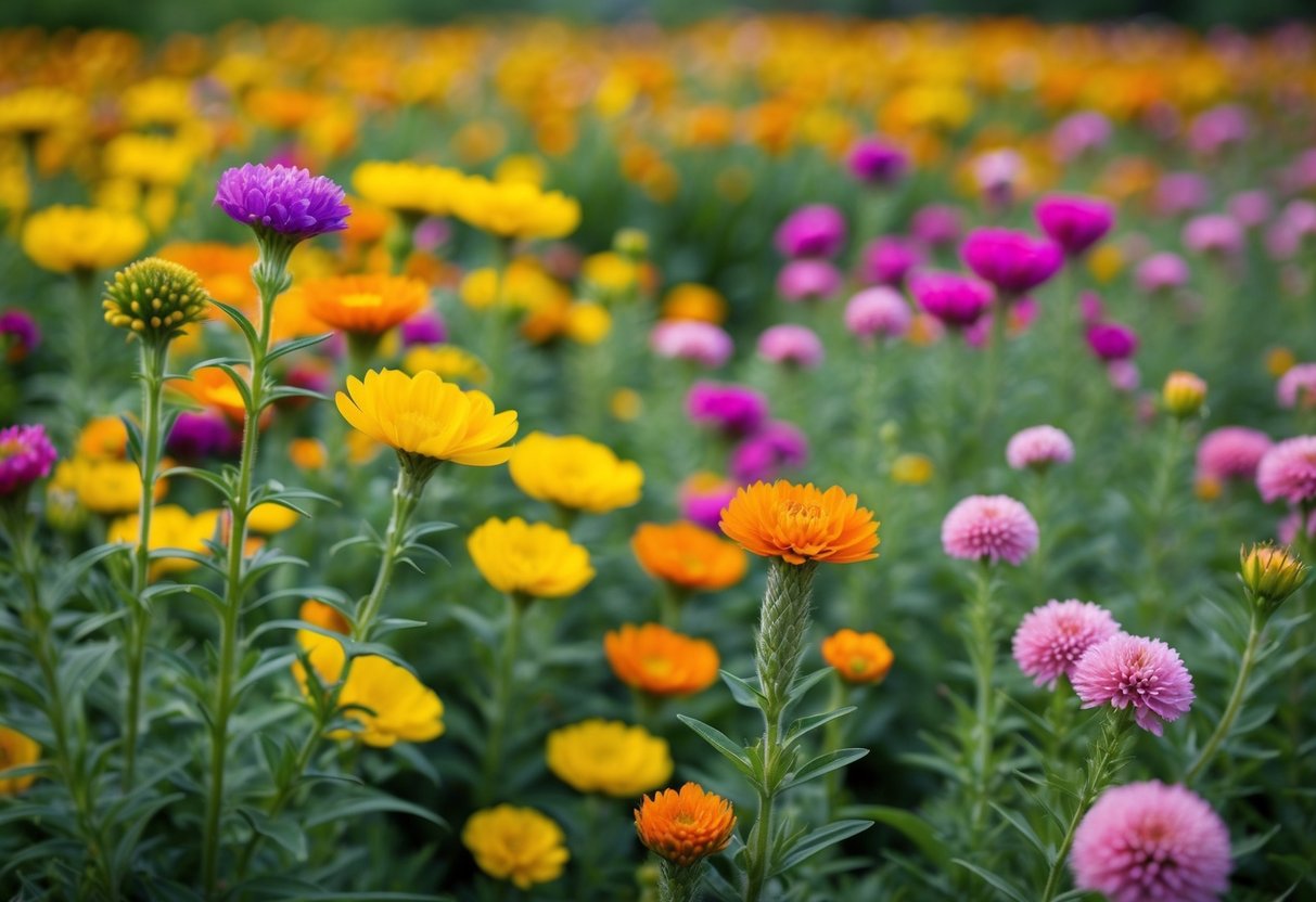 A field of colorful flowering plants, with one type producing an abundance of blooms compared to the others