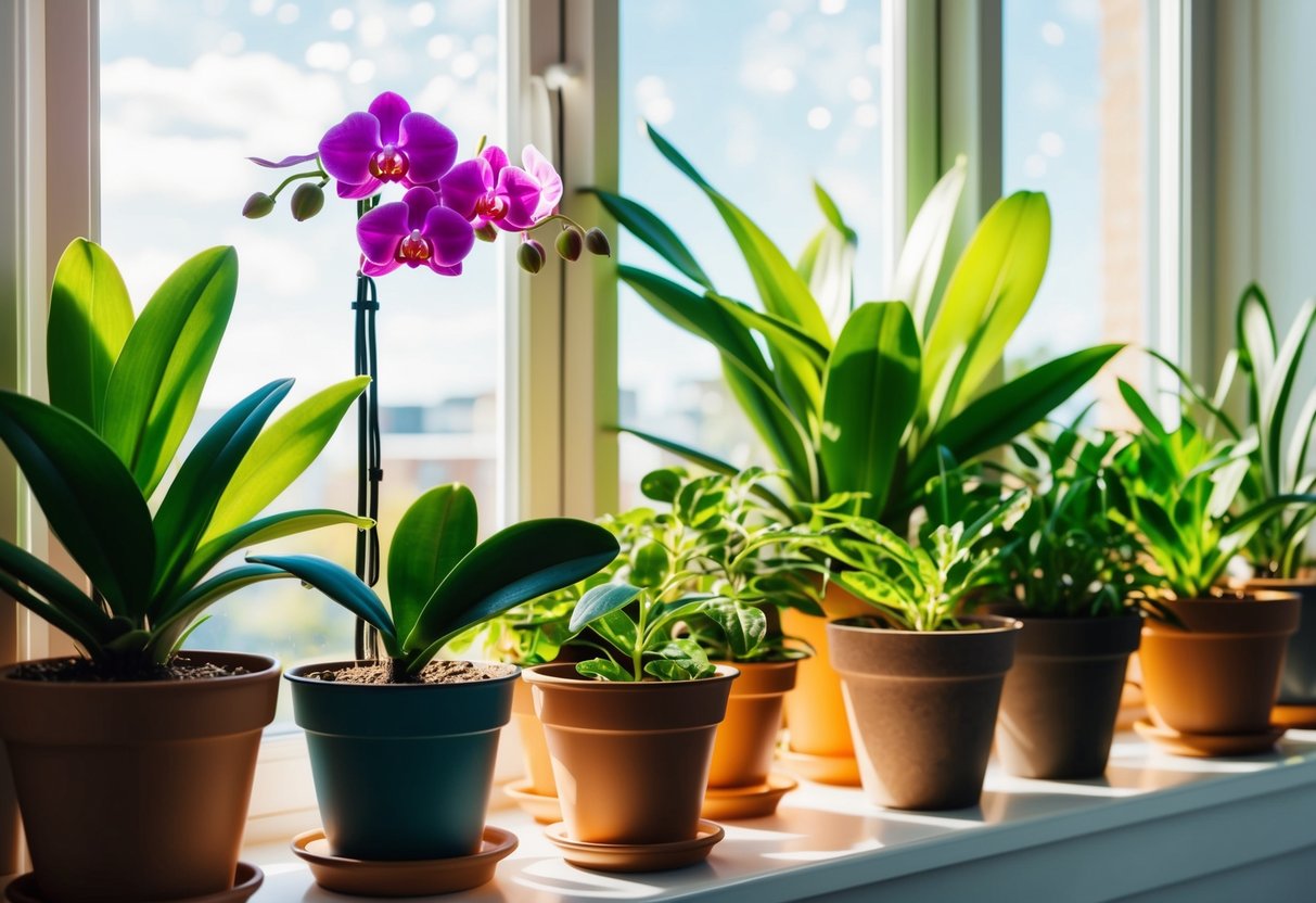 A variety of indoor plants in pots, including a blooming orchid, are arranged on a windowsill. Sunlight streams through the window, illuminating the greenery