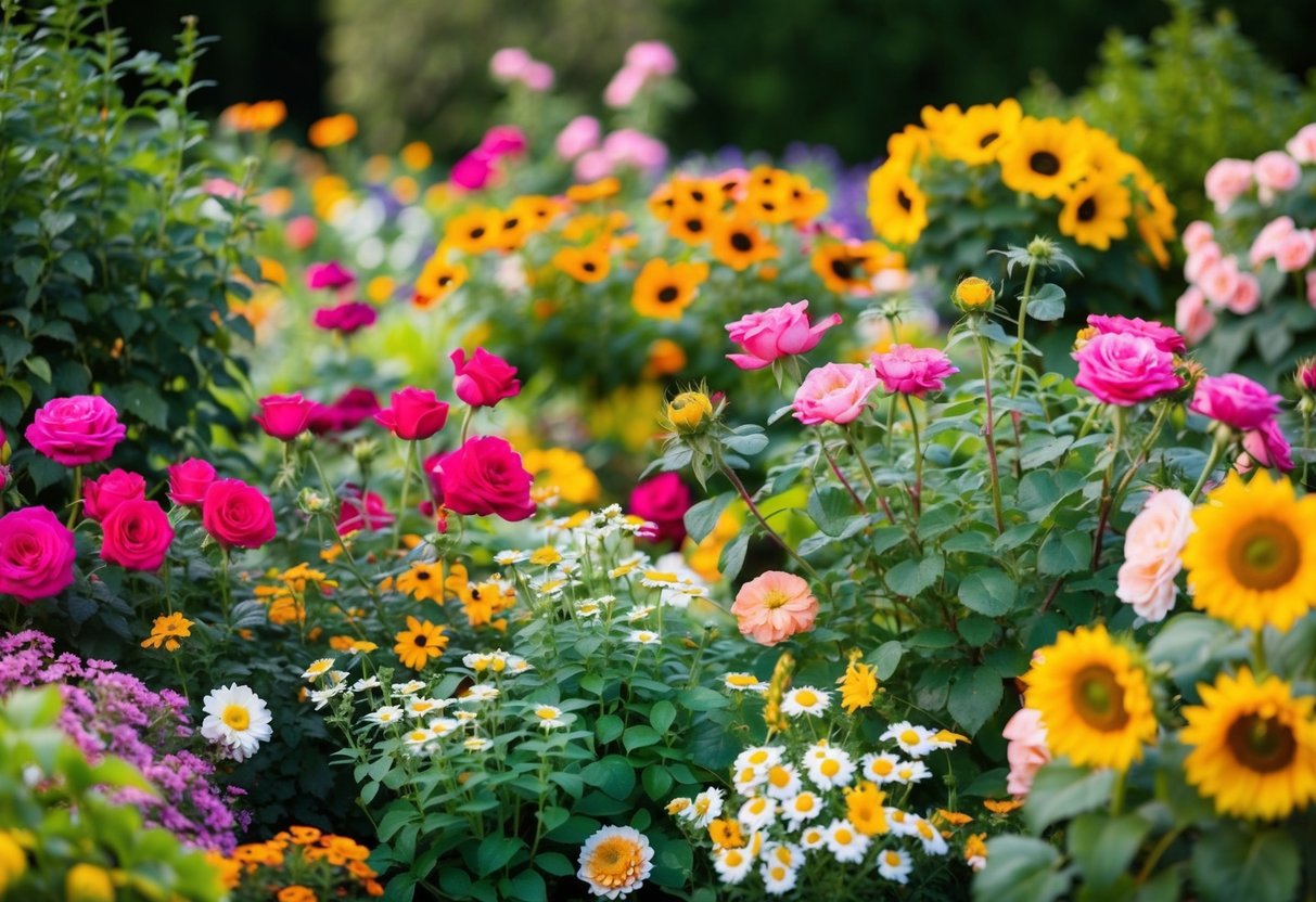 A colorful garden with a variety of blooming plants, including vibrant roses, daisies, and sunflowers, all surrounded by lush greenery