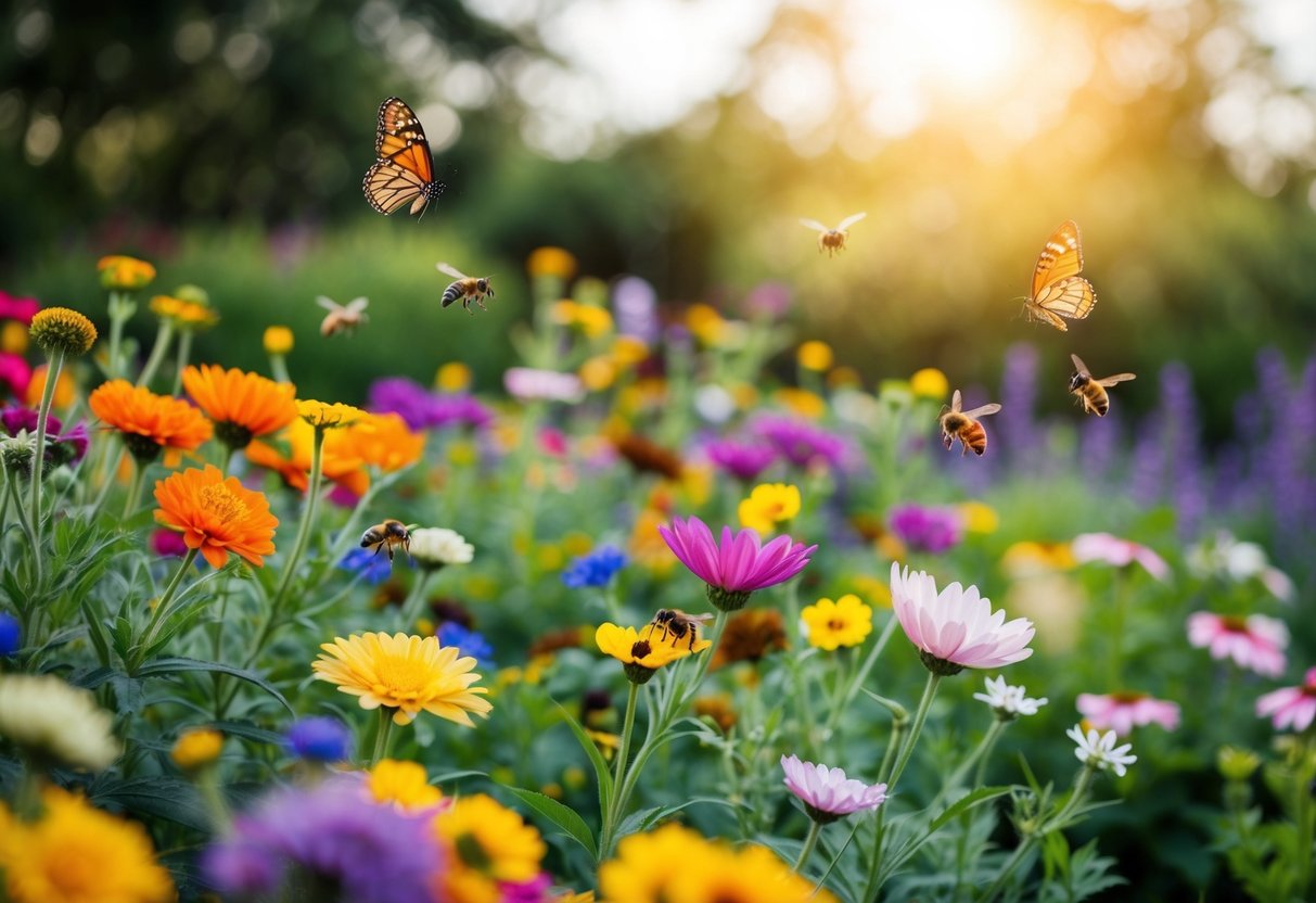 A garden with a variety of colorful flowers blooming, surrounded by buzzing bees and fluttering butterflies