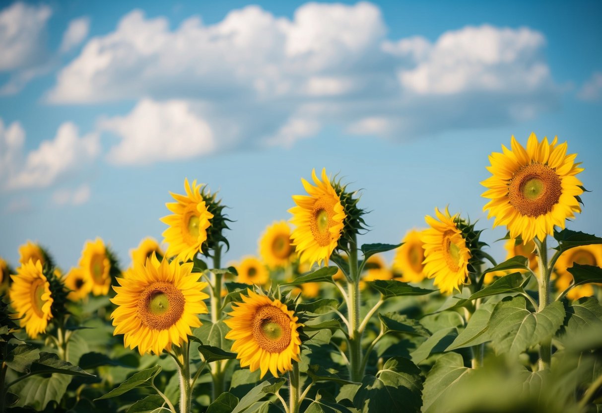 A field of bright yellow sunflowers basking in the warm sunlight, their petals turned towards the sky in joyful exuberance