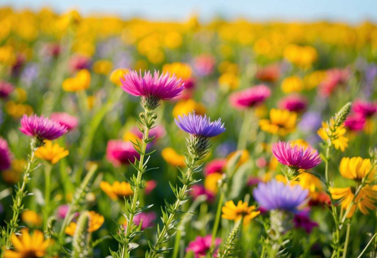 A vibrant field of colorful wildflowers, with tall stems and delicate petals, swaying gently in the breeze under the bright sun