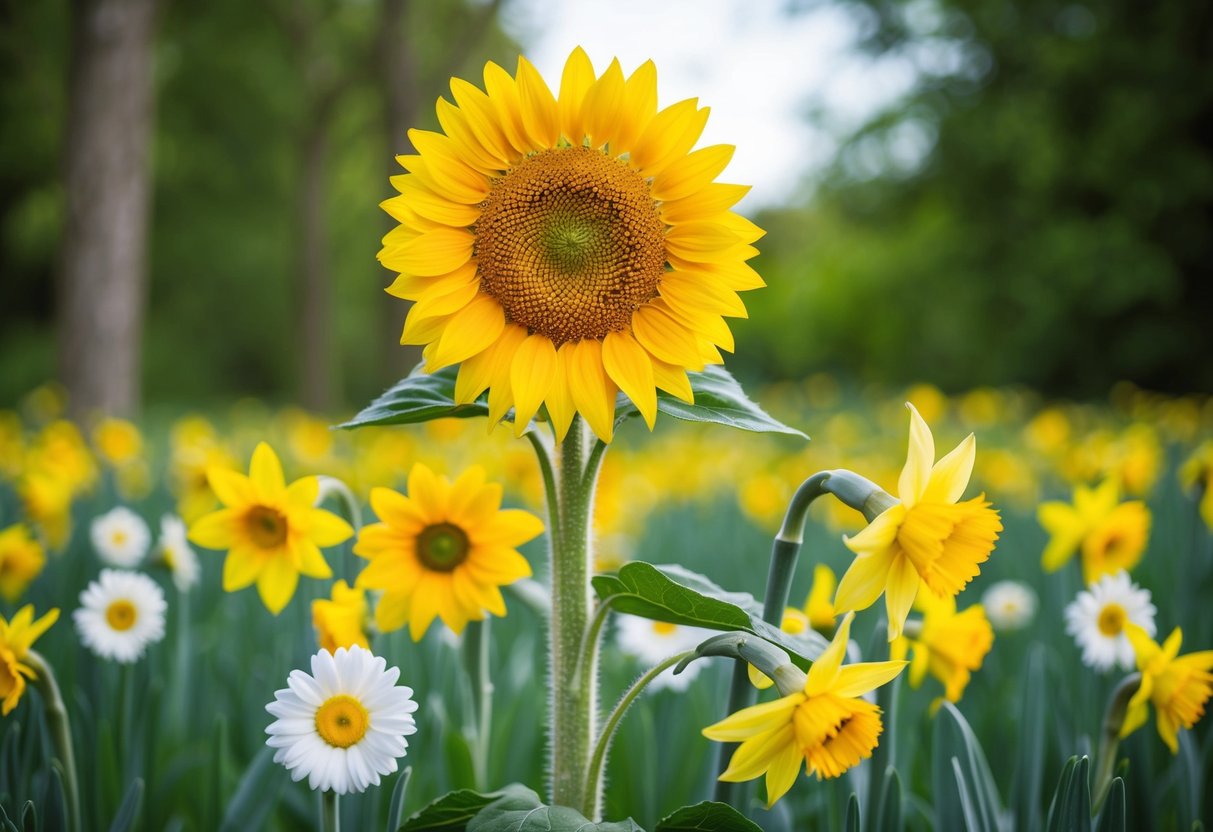 A sunflower stands tall, its bright yellow petals radiating happiness, surrounded by cheerful daisies and vibrant daffodils in a lush green meadow